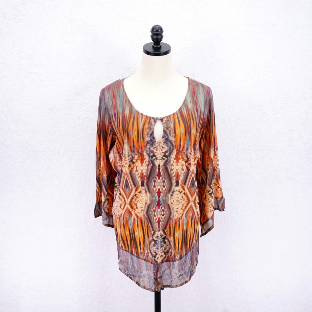Live and Let Live‎ -XL- Orange Brown Red Sheer Blouse Top Geometric Keyhole Lace